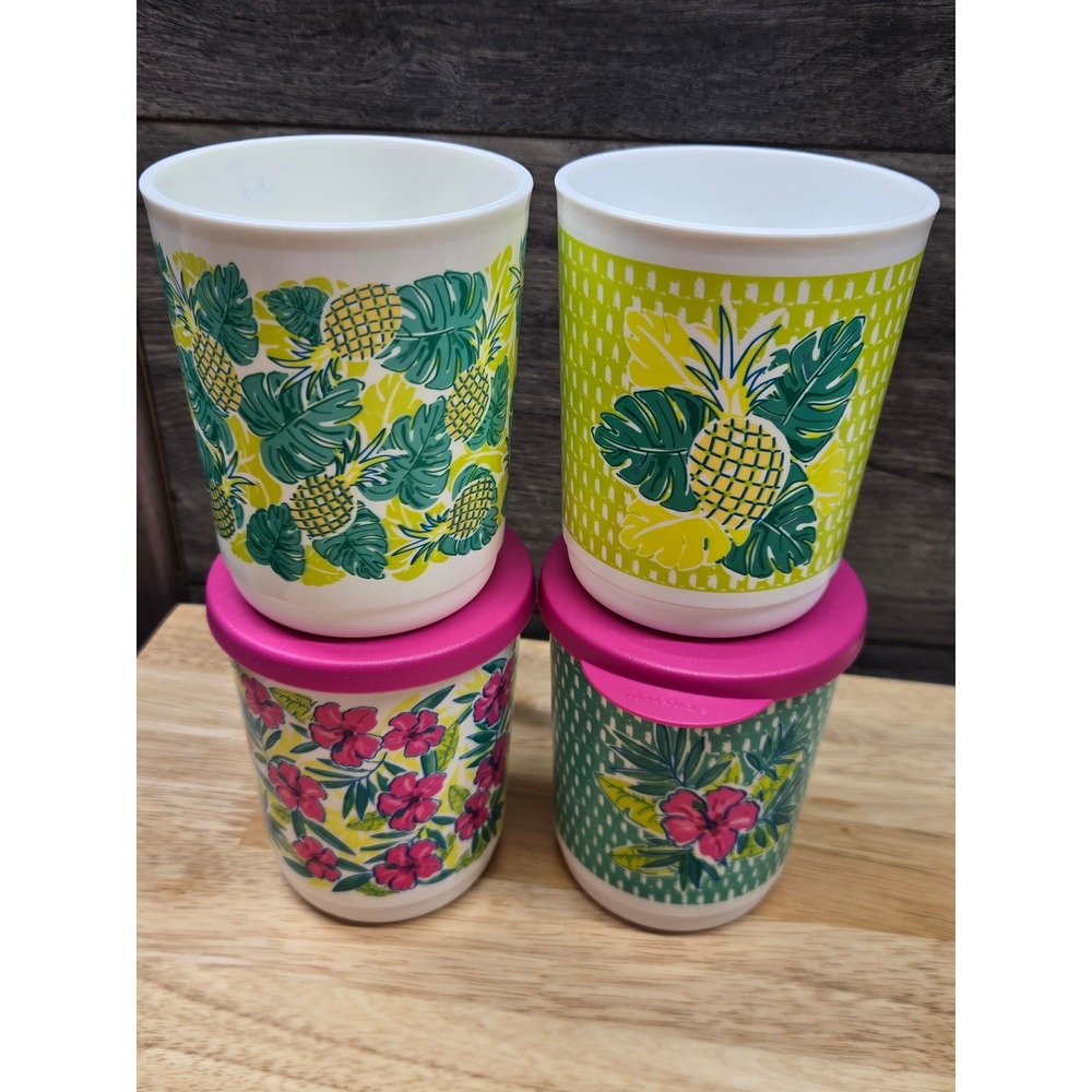 Tupperware 11oz Insulated Mugs Set of 4 Tropical Pineapple Floral with 2 Lids